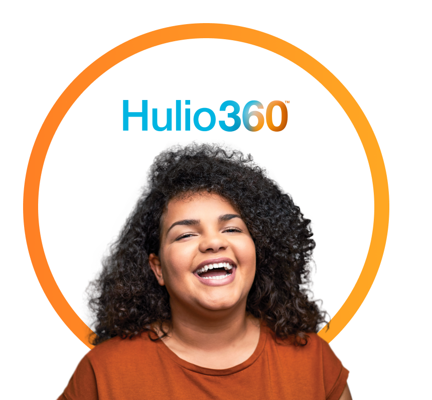 Colorful graphic of the Hulio 360 wordmark and Teenage girl laughing with a large smile