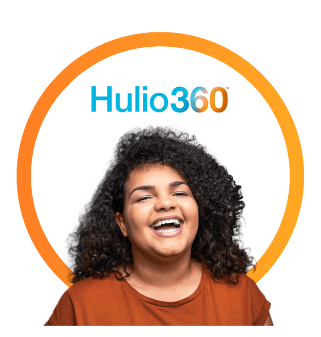 Colorful graphic of the Hulio 360 wordmark and Teenage girl laughing with a large smile