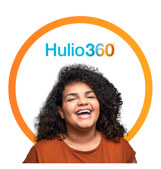 Colorful graphic of the Hulio 360 wordmark and Teenage girl laughing with a large smile