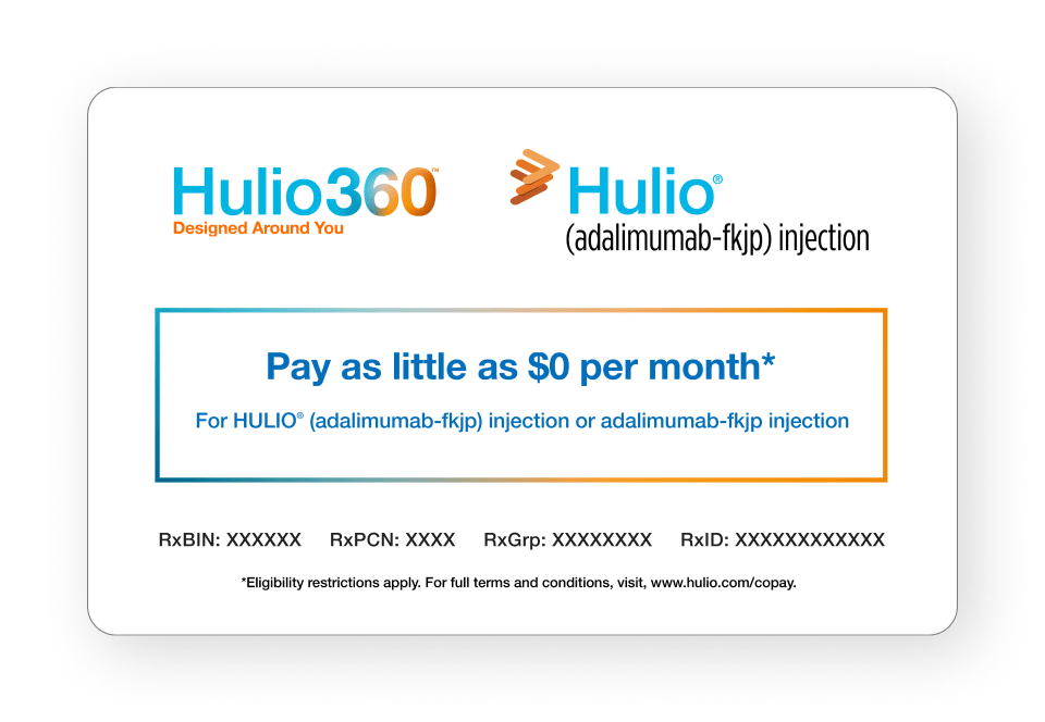 Mockup of a Hulio Copay Assistance card in the style of a prescription card.